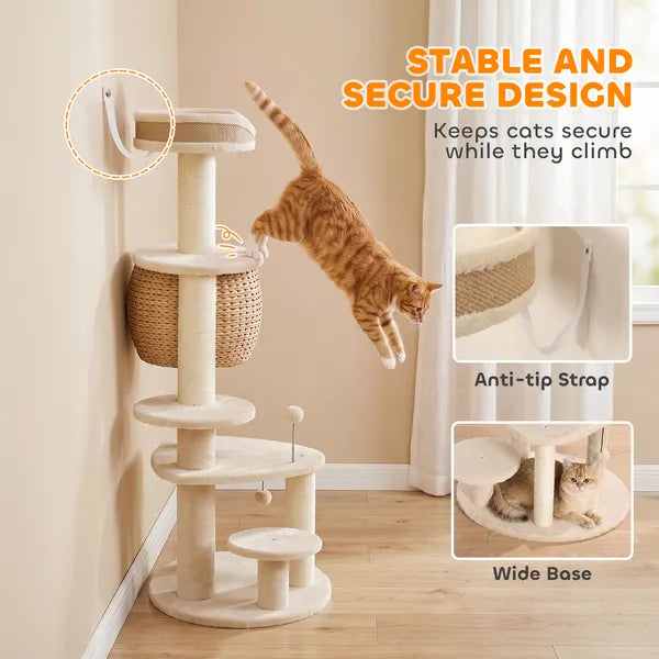 Aeelleea 52 Inch Multi-Level Cat Tree, Hand Woven Cat Condo with Sisal Scratching Posts, Soft Plush Perch & Hanging Toy Balls for Indoor Cats