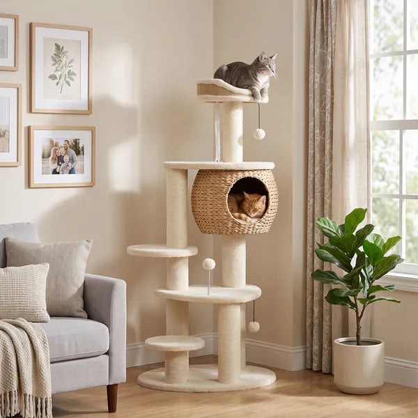 Aeelleea 52 Inch Multi-Level Cat Tree, Hand Woven Cat Condo with Sisal Scratching Posts, Soft Plush Perch & Hanging Toy Balls for Indoor Cats