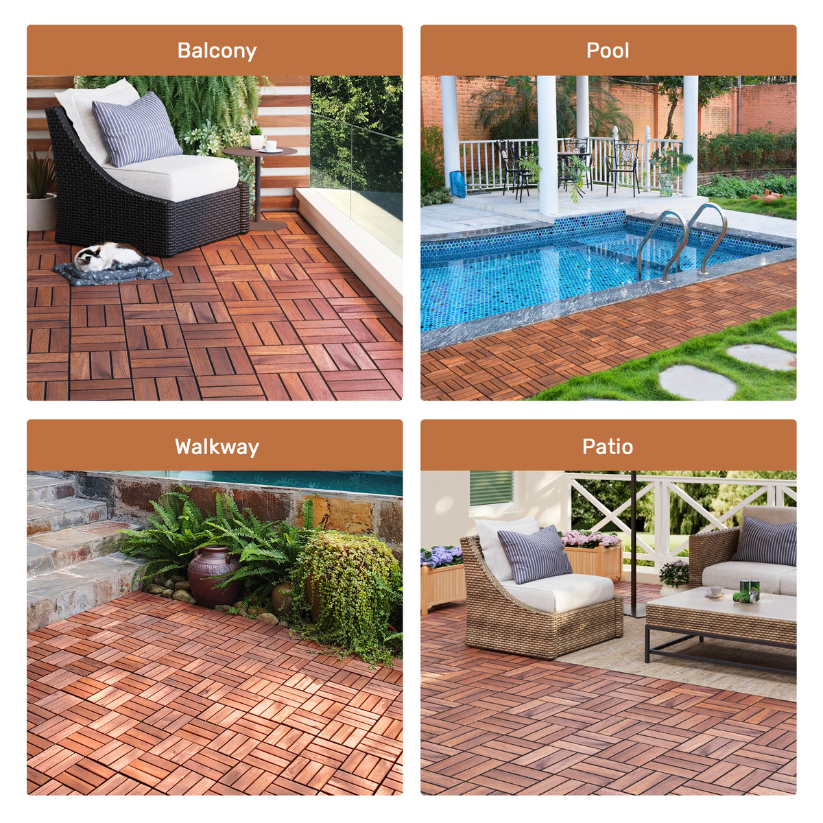 AEELLEEA Acacia Wood Interlocking Deck Tiles, 20 Pack 12"×12" Waterproof Checker Patio Flooring Tiles for Balcony Poolside