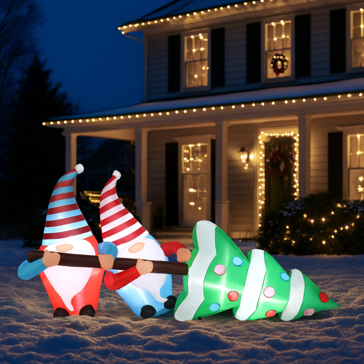 AEELLEEA-Christmas Inflatable Decoration, Two Cute Gnomes Pulling Christmas Tree with LED Lights