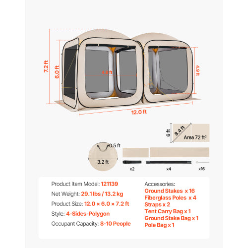 Pop Up Screen Tent 12x6 Ft, 8-10 Person Instant Screen House, 72 Sq Ft Mesh Tent with 2 Rooms for Patio Backyard