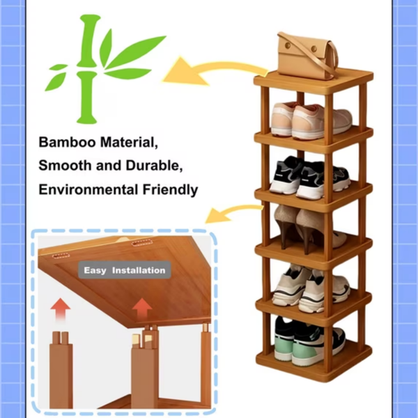 Bamboo Shoe Rack 6 Tier, Tall Natural Bamboo Shoe Shelf for Entryway, Space Saving Vertical Storage Rack for Shoes Bags Plants