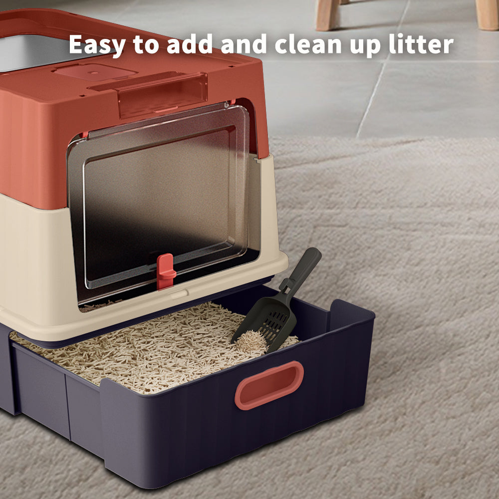 Convertible Enclosed Cat Litter Box with Pull-Out Drawer, Front Door, Top Vent Panel & Litter Scoop, Red, 19.69" x 13.78" x 13.78"