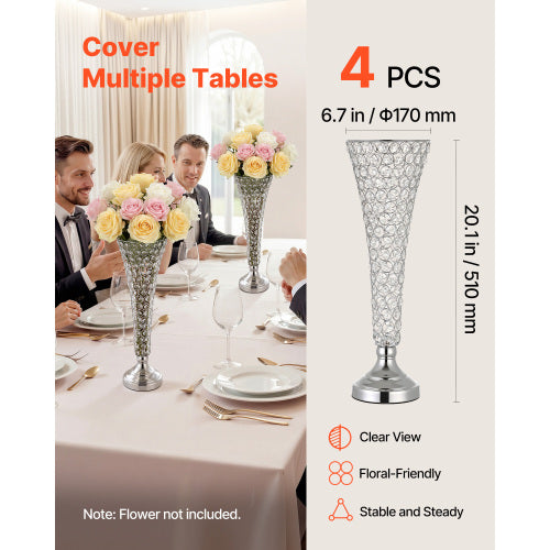 4 Pack 20 Inch Crystal Wedding Vases, Silver Metal Trumpet Flower Stand for Wedding Centerpieces, Party Decor