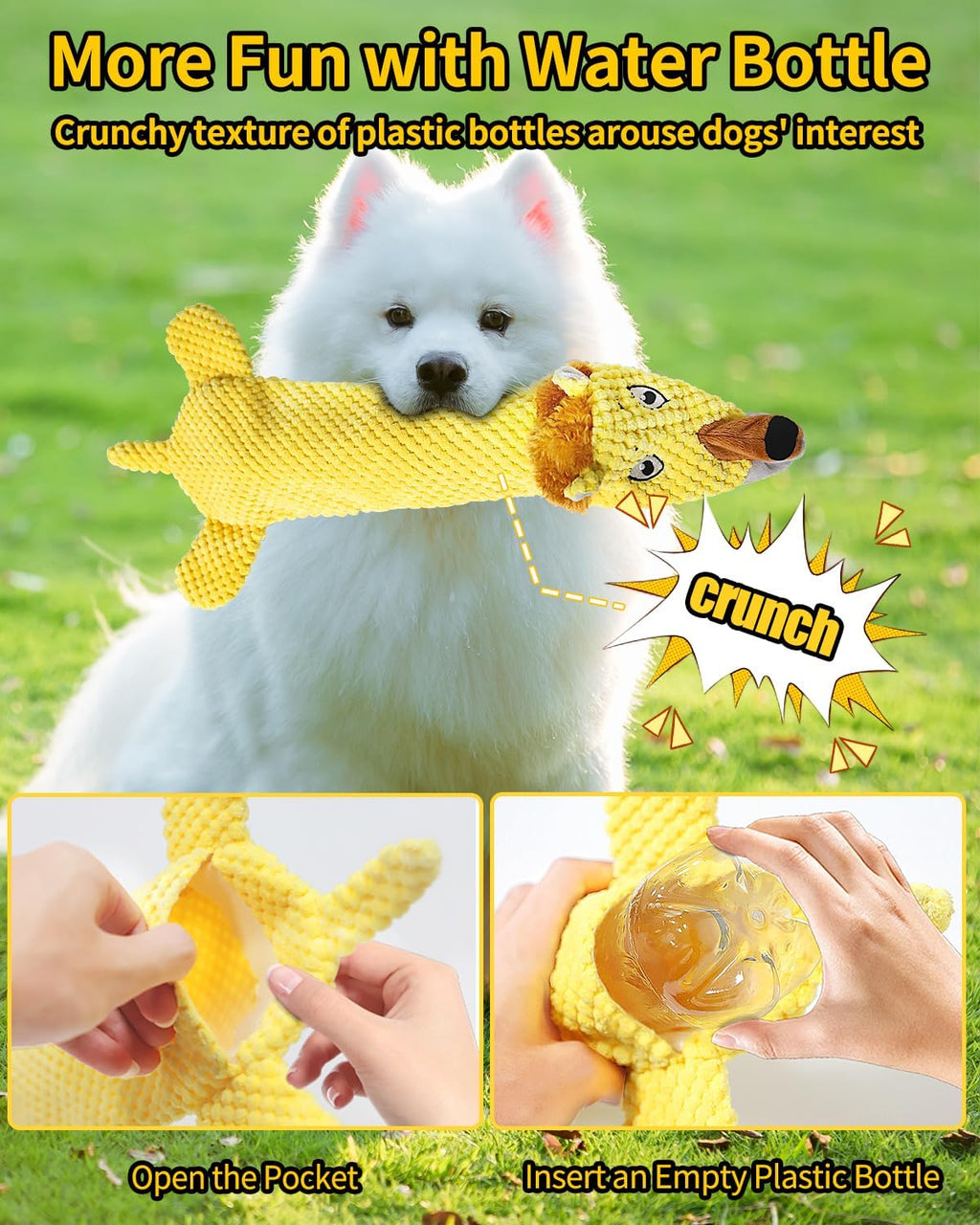 Dog Toys, Squeaky Plush No Stuffing Crinkle Dog Toy for Small Medium Large Dogs, [3 Pack] Interactive Puppy Teething Water Bottle Dog Chew Toy