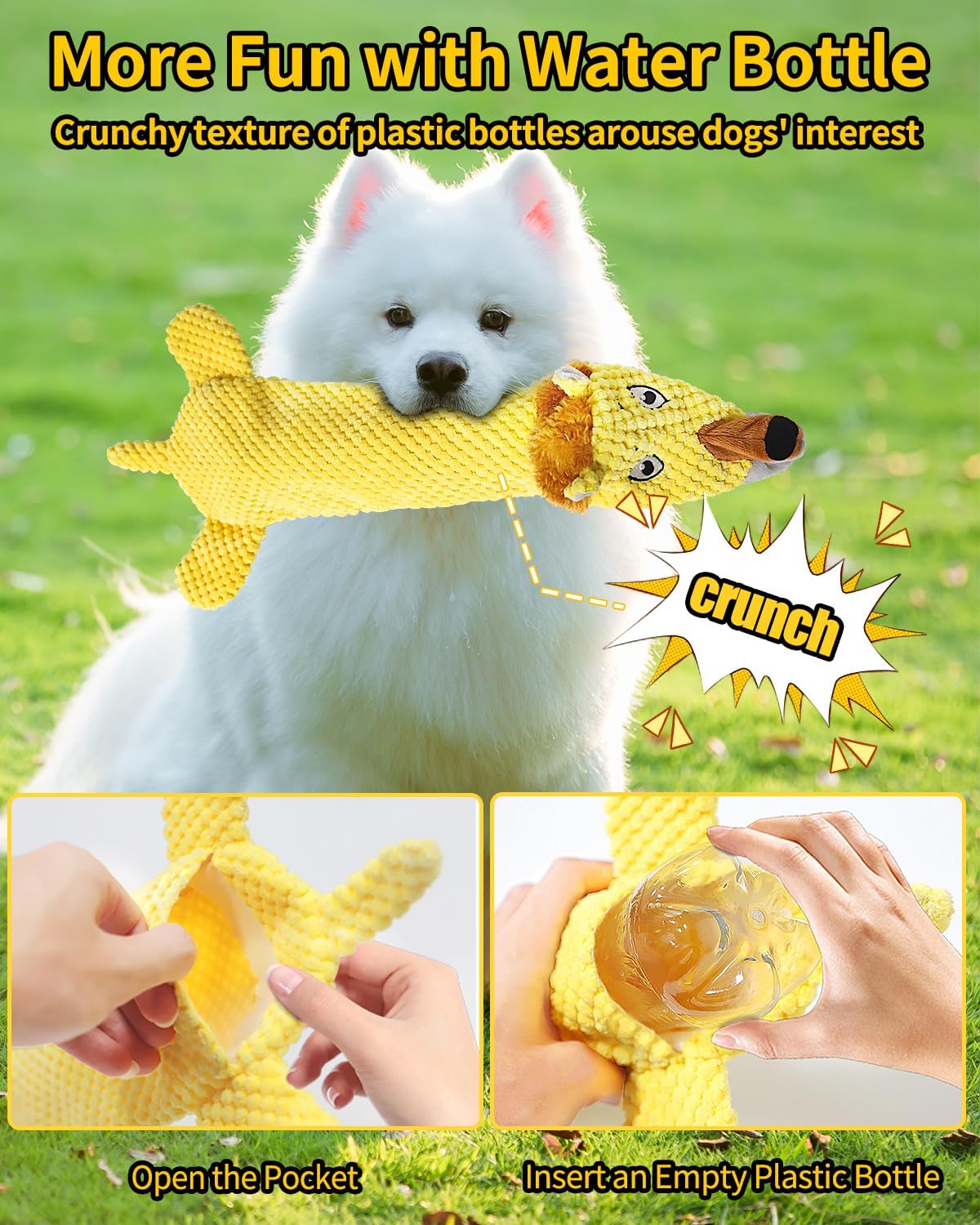 Dog Toys, Squeaky Plush No Stuffing Crinkle Dog Toy for Small Medium Large Dogs, [3 Pack] Interactive Puppy Teething Water Bottle Dog Chew Toy