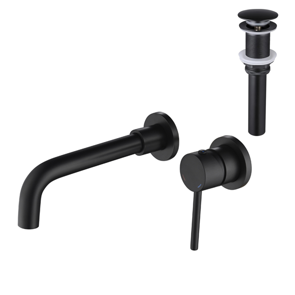 AEELLEEA Wall Mount Bathroom Sink Faucet with Pop-Up Drain, Single Handle Hot and Cold Water Faucet Set, Matte Black