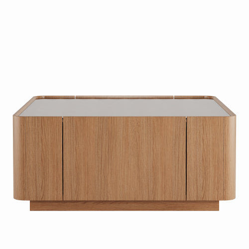 AEELLEEA 31.5" Modern Square Coffee Table with Glass Top and 2 Storage Drawers, Wood Finish Center Table for Living Room
