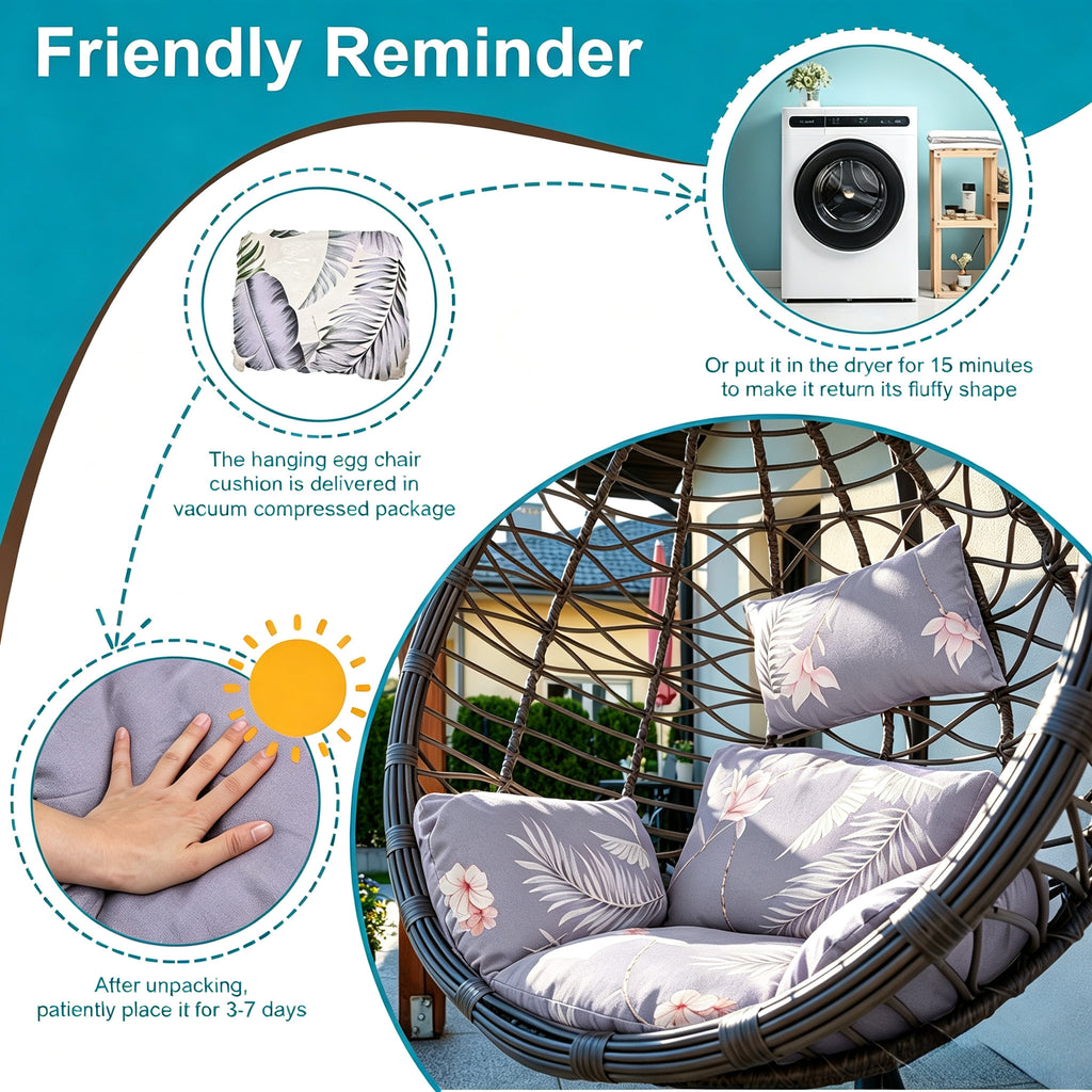 Hanging Egg Chair Cushion with Head Pillow, Thick Hollow Cotton Replacement Pad, Removable Washable Polyester Cover for Indoor Outdoor Wicker Swing Chair