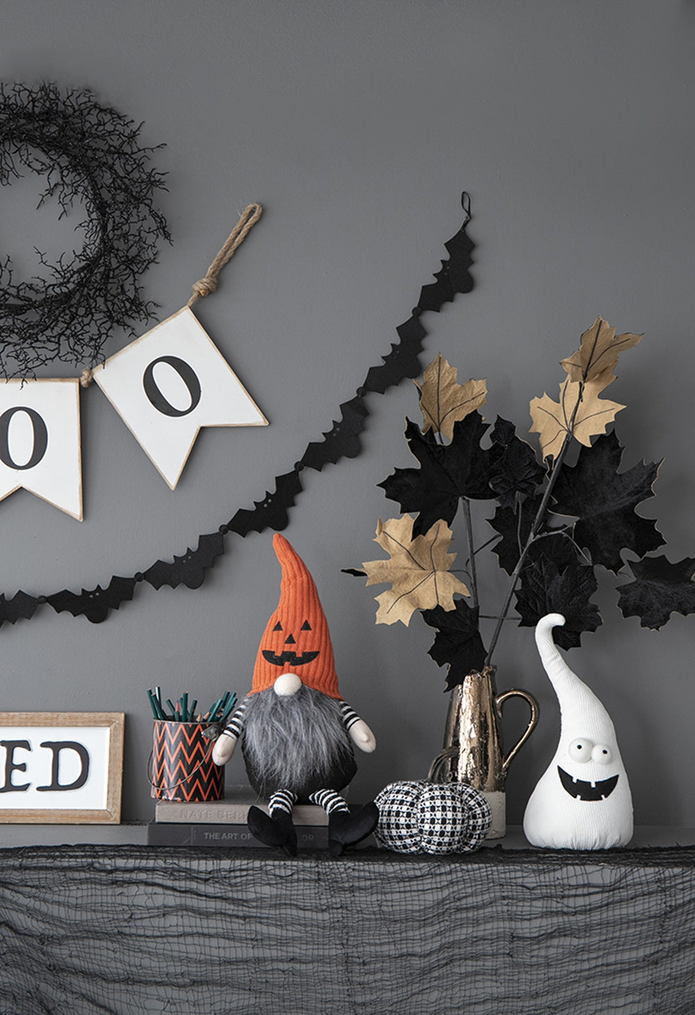 Halloween Gnome Decor, 23.5 Inch Fabric Sitting Plush Gnome with Orange Pumpkin Knit Hat, Black Striped Legs Farmhouse Tabletop Ornament for Holiday Home Party Decoration