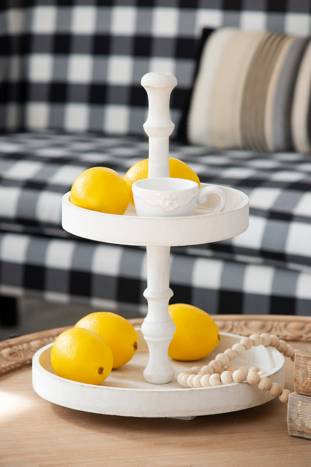 White Two-Tiered Round Wooden Serving Stand, 11.8x15.4 Inch Farmhouse Tiered Tray Decor, 2 Tier Round Display Tray for Kitchen Countertop Coffee Bar Party Dessert Storage