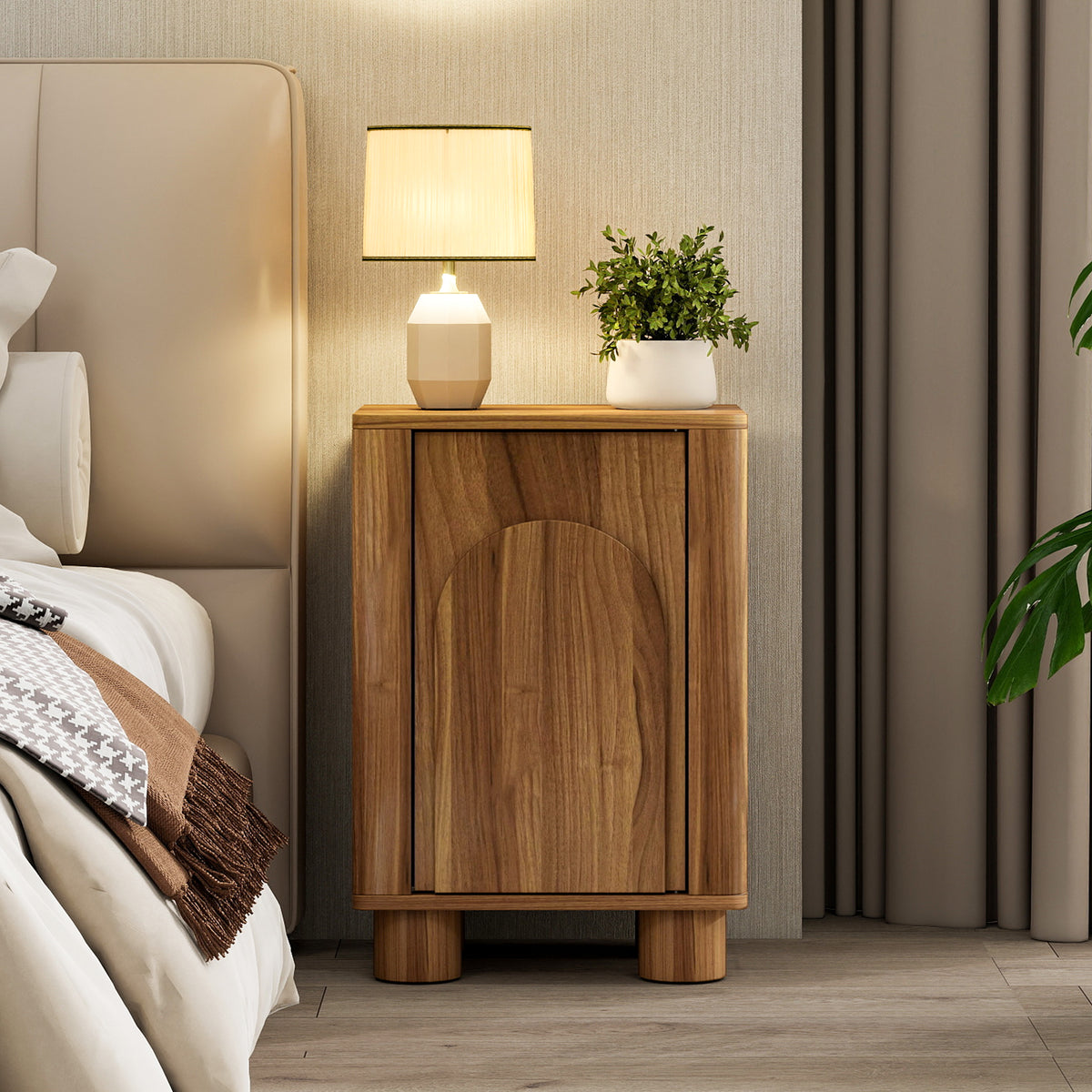 AEELLEEA Vintage Arched Door Nightstand, Brown Engineered Wood Side Table with Soft Close Magnetic Door, Pine Round Legs