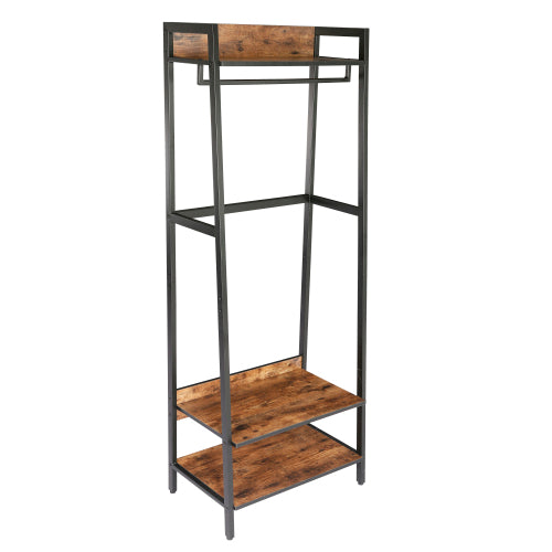 AEELLEEA Industrial Clothing Rack with 2 Storage Shelves, Hanging Rod, Adjustable Feet, Rustic Brown and Black, 66.5 in