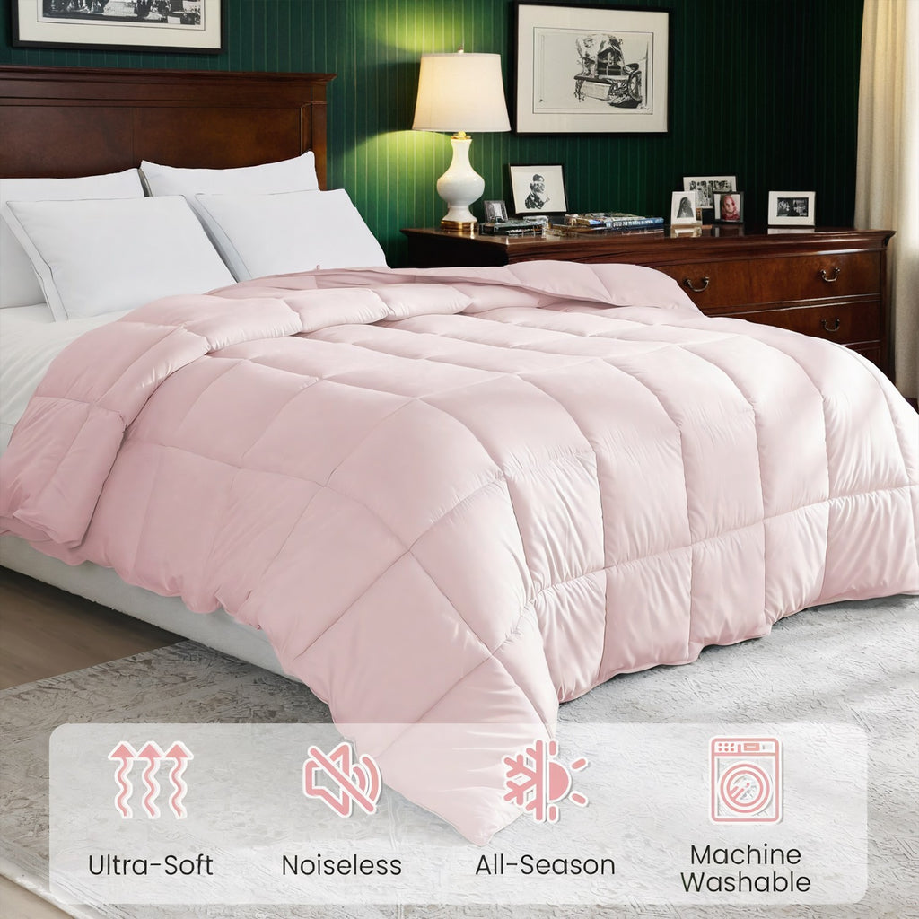 Pink Duvet Insert with Zipper Closure, Ultra Soft Noiseless Fluffy Oversized Comforter, Machine Washable Down Alternative Bedding for Bedroom & Dorm