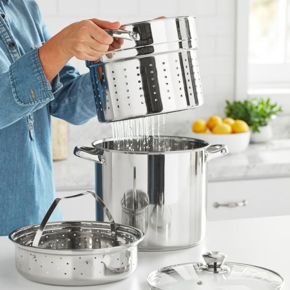 4-Piece Stainless Steel Stock Pot Set with Steamer Basket & Glass Lid, Large Capacity Pasta Pot with Stay Cool Handles for Home Cooking