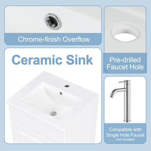 White Bathroom Vanity with Sink 18 Inch, Freestanding Small Bathroom Cabinet with Ceramic Basin, Soft Close Door