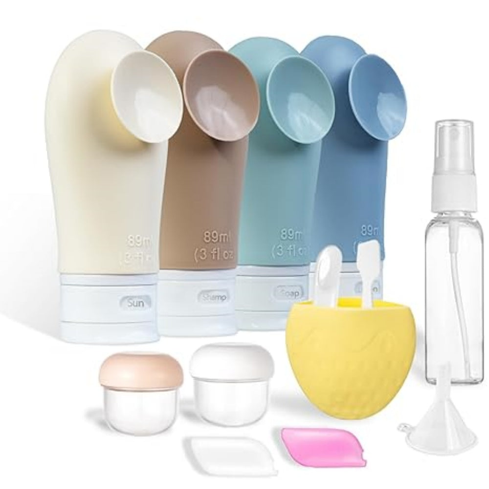 Silicone Travel Bottles Set, Refillable Leak Proof Toiletry Containers with Clear Cosmetic Bag for Shampoo Lotion Skincare
