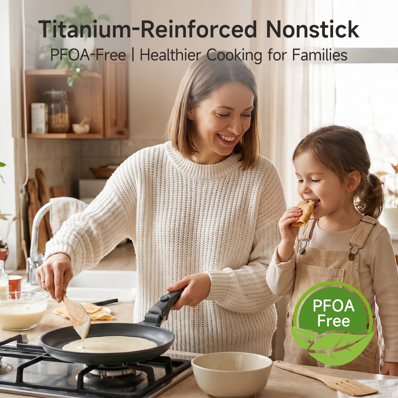 11 Inch Nonstick Crepe Pan with Detachable Handle, Titanium Pancake Pan, Flat Tawa Dosa Tortilla Pan, Induction Compatible, Oven Safe, Dishwasher Safe, PTFE & PFOA Free