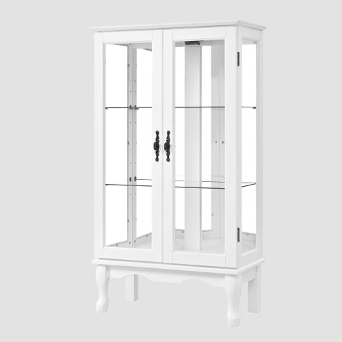 AEELLEEA White Curio Display Cabinet with Acrylic Mirror Back, Adjustable Tempered Glass Shelves, Double Glass Door Wooden Showcase for Collectibles