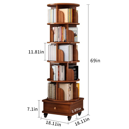 AEELLEEA 6-Tier 360° Rotating Bookshelf with Wheels & Storage Drawer, Wood Corner Bookcase Organizer for Bedroom Living Room Study, Walnut Brown