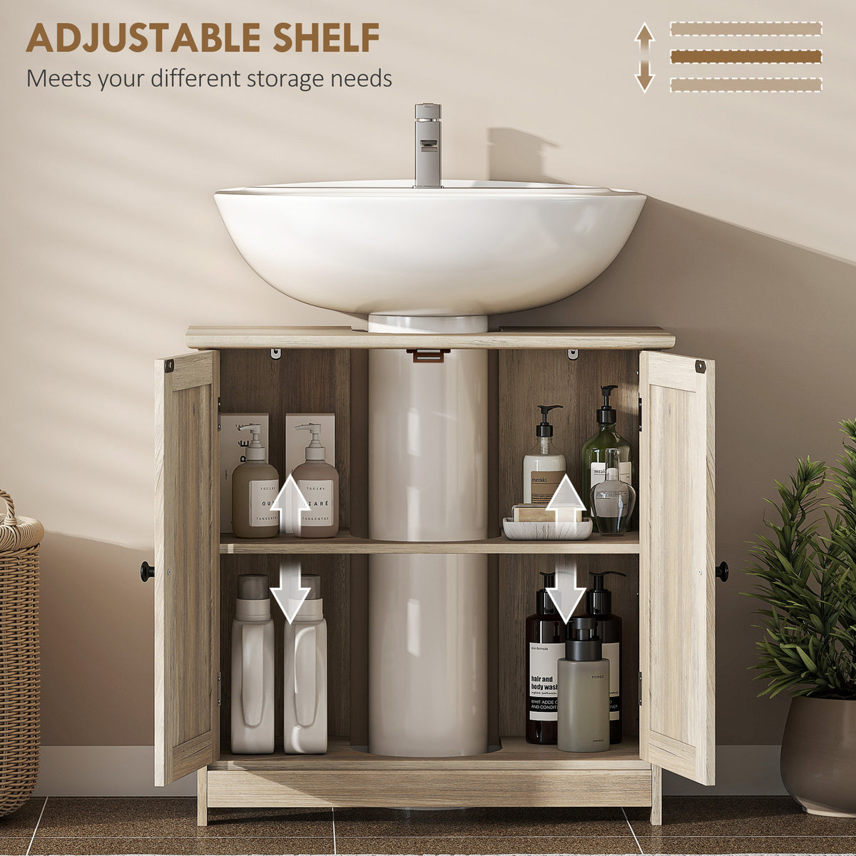 AEELLEEA Weathered Gray Oak Under Sink Bathroom Cabinet, MDF Pedestal Storage Cabinet with Adjustable Shelf & Double Doors