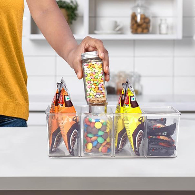 Compact Clear Plastic 4-Compartment Mini Storage Bins | For Pantry & Fridge Organizers Storage, Kitchen Organization, Fits Small Spice Pouches & Snack Packets