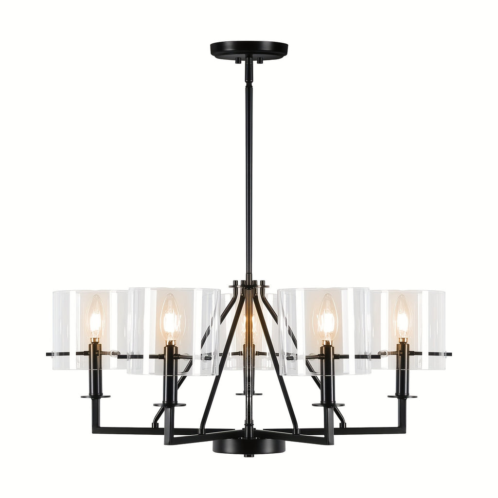 5-Light Minimalist Pendant Light - Black Metal & Glass Shade, E12 Bulb Compatible, Height Adjustable - Ideal for Kitchen Island, Bedroom, Dining & Living Room