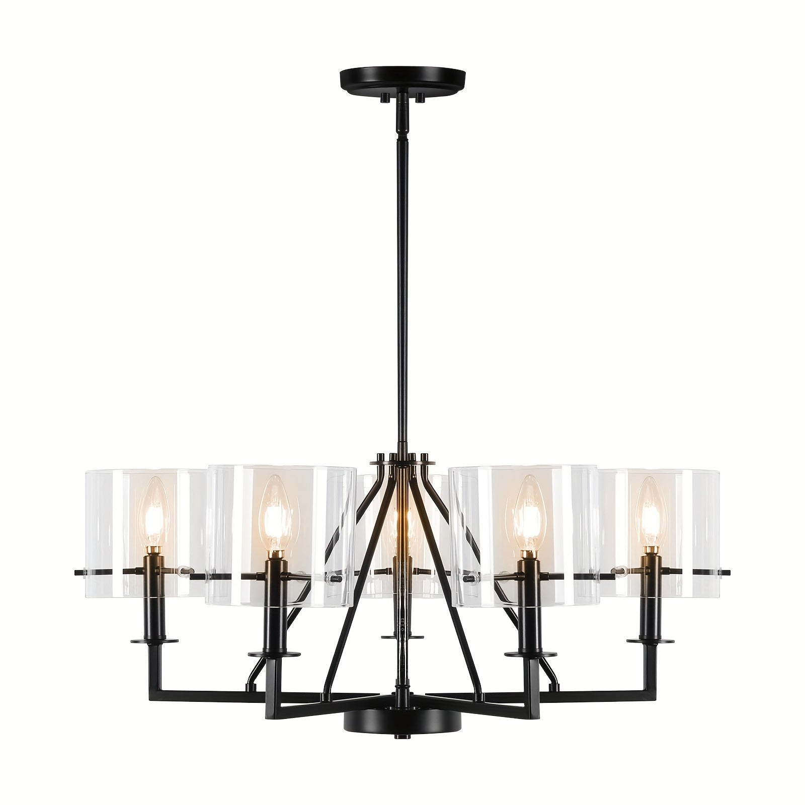 5-Light Minimalist Pendant Light - Black Metal & Glass Shade, E12 Bulb Compatible, Height Adjustable - Ideal for Kitchen Island, Bedroom, Dining & Living Room