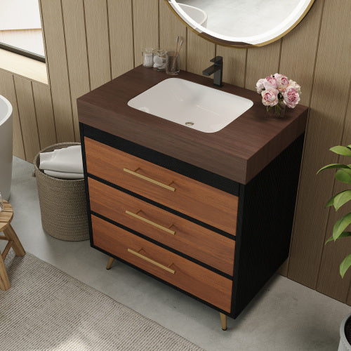 Black Walnut Bathroom Vanity with Sink, Freestanding 3-Drawer Storage Cabinet with Wood Top Gold Legs, Modern Lavatory Console