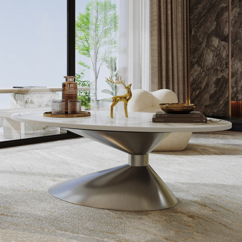Coffee Table 49.2 Inch, Oval Marble Look Table with Brushed Metal Base, Modern Luxury Living Room Center Table
