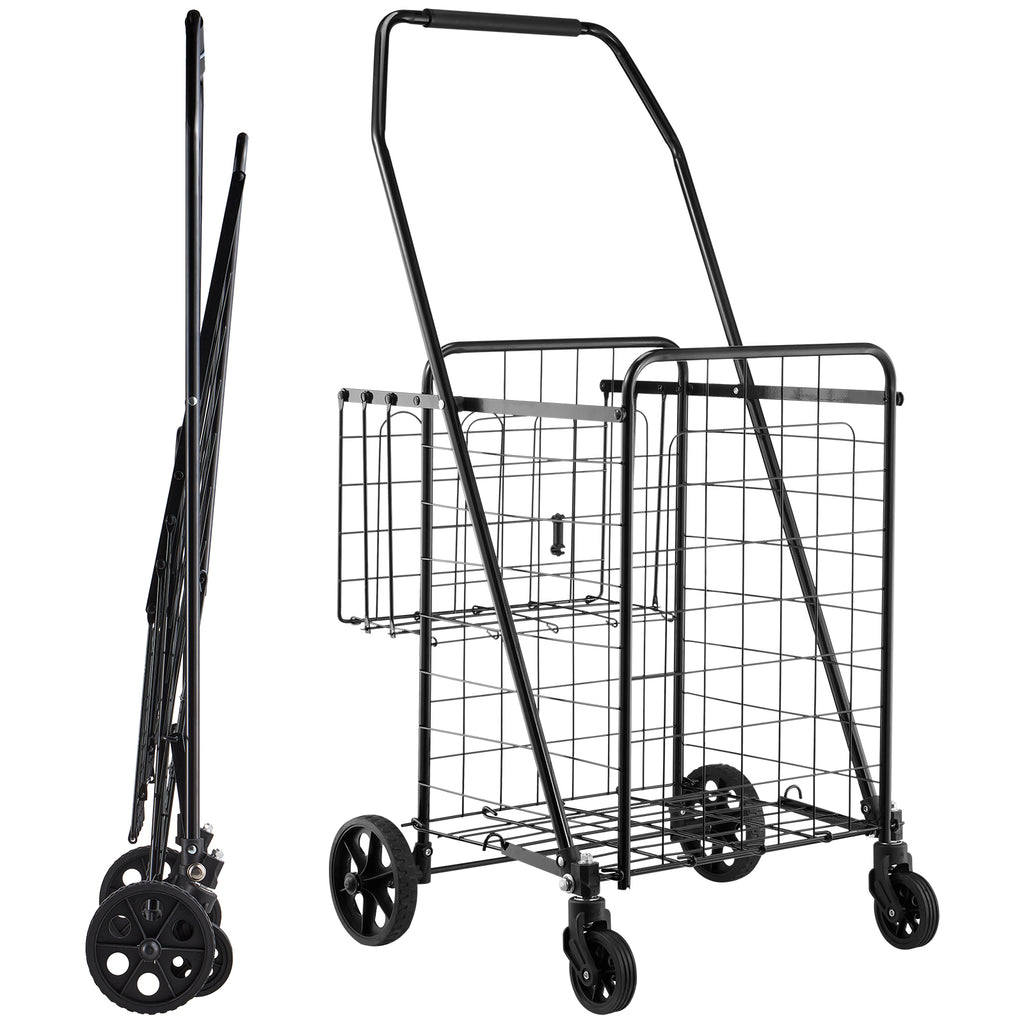 Shopping Cart, Folding Grocery Utility Cart with Dual Baskets, Waterproof Liner & Wheels, 100 LBS Large Load Capacity, Heavy Duty Laundry Basket for Laundry, Shopping, Camping, Grocery, Luggage