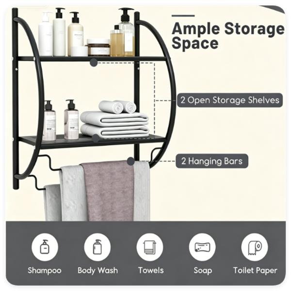 Rustproof Black Wall Mounted Bathroom Storage Shelves, Over Toilet Organizer with 2 Open Shelves and Hanging Bars for Towels Toiletries