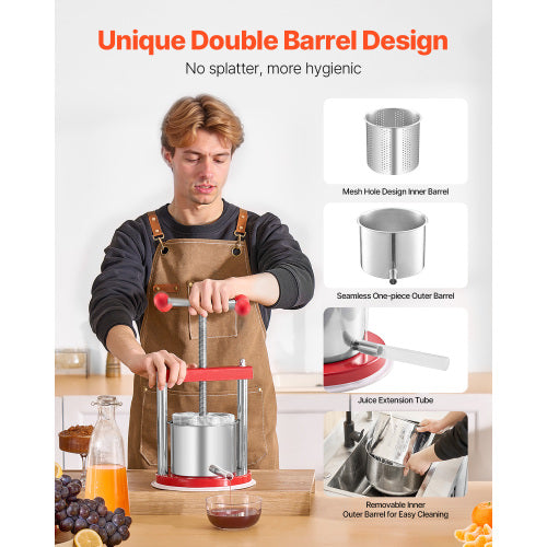0.44 Gal / 1.65L Manual Fruit Wine Press, Stainless Steel Juice Press with T-Handle, Apple Grape Cider