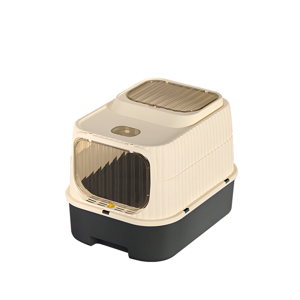 Enclosed Cat Litter Box with 2-Way Transparent Door and Litter Sifting Step, Removable Easy-Clean Design, Beige & BALCK