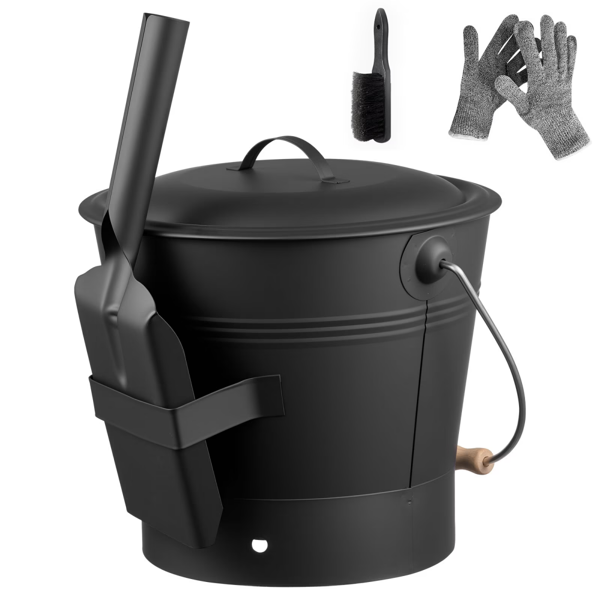 AEELLEEA 2.6 Gal Fireplace Ash Bucket with Lid, Shovel, Brush and Gloves, Metal Coal and Firewood Storage Pail, Black