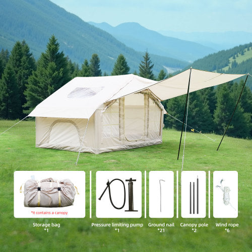 Inflatable Camping Tent 4 Person, Pop Up Air Tent 118 x 83 x 79 in with Awning, Family Camping Tent with Pump, Outdoor Waterproof