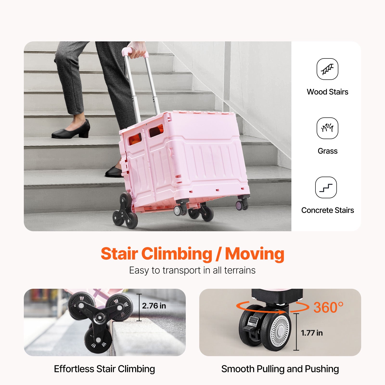 65L Foldable Stair Climbing Shopping Cart, Collapsible Rolling Crate with Wheels, Heavy Duty Grocery Cart for Shopping & Groceries