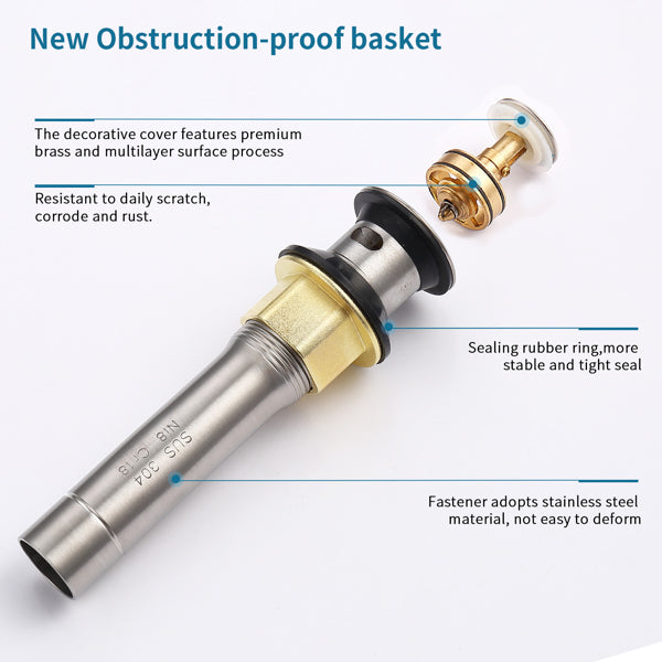 Brushed Nickel Pop Up Sink Drain, Bathroom Vanity Drain with Overflow, SUS304 Stainless Steel Push Button Lavatory Drain Stopper, 1-1/4" Tailpiece