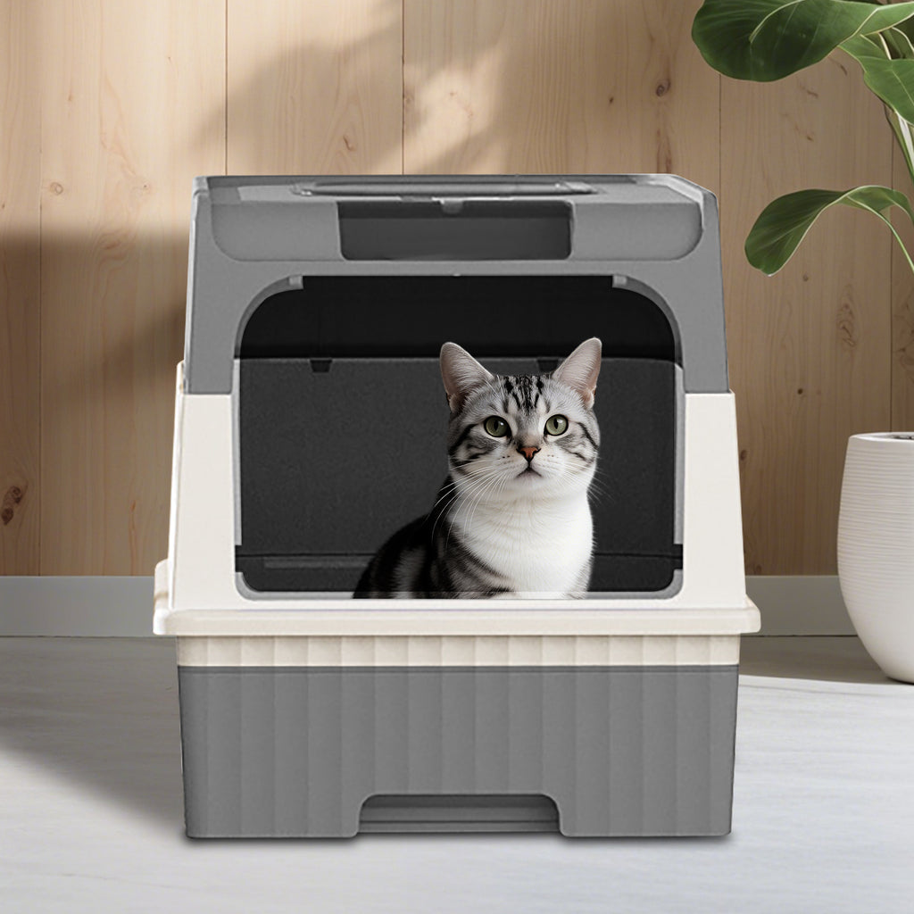 Enclosed Cat Litter Box with Lid, Anti-Tracking Fence, Drawer Tray & Scoop, Odor Control, Large, for Indoor Cats - Black, Gray, Blue, Pink