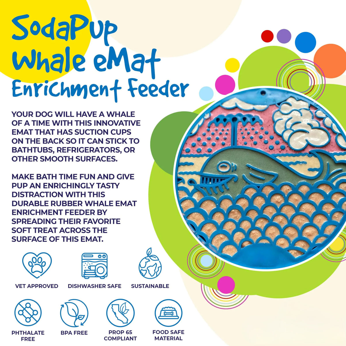 Whale Enrichment Lick Mat for Dogs with Suction Cups, Slow Feeder Treat Mat, Blue, 8" x 8"