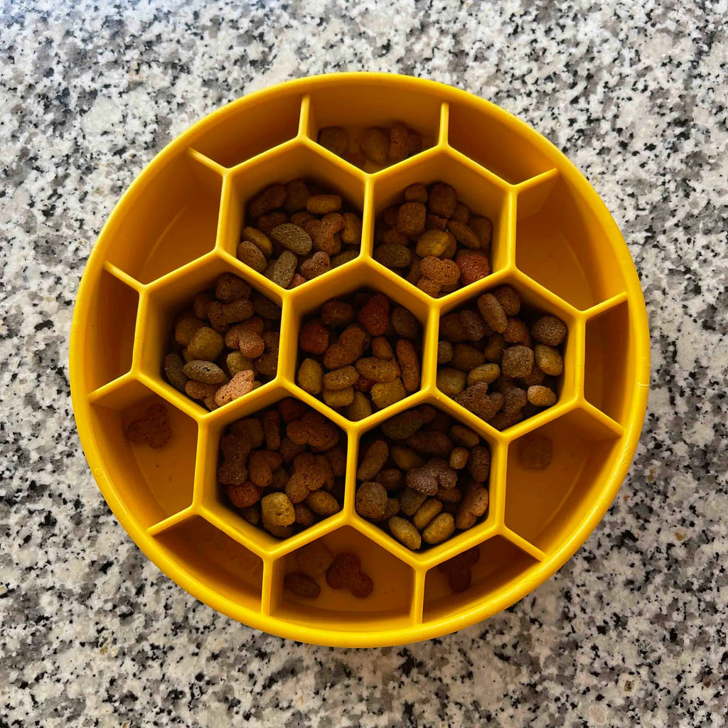 Honeycomb Deep Slow Feeder Dog Bowl, 4-Cup Enrichment Puzzle Bowl, Yellow, 8" x 8" x 2"