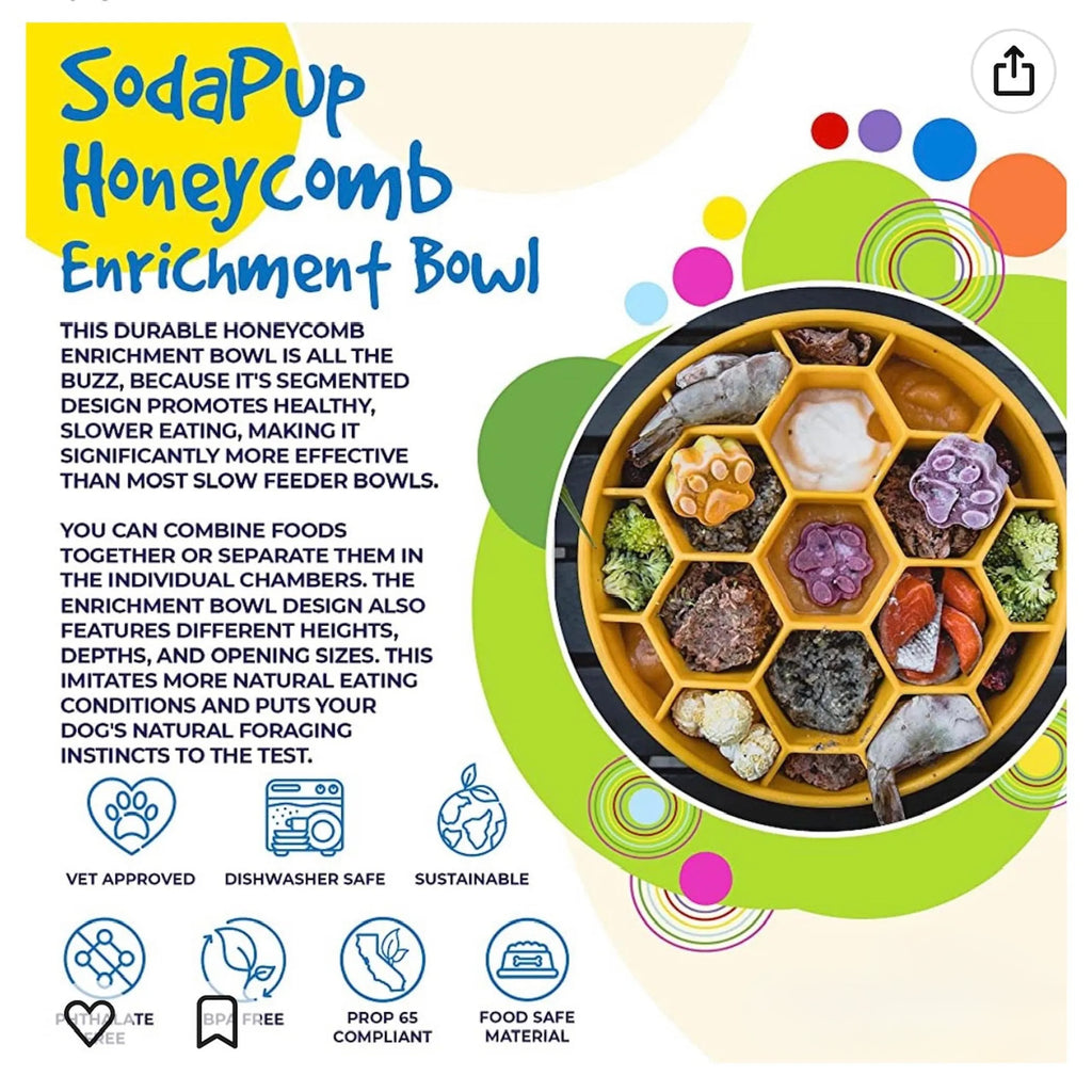 Honeycomb Deep Slow Feeder Dog Bowl, 4-Cup Enrichment Puzzle Bowl, Yellow, 8" x 8" x 2"