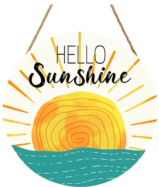 Hello Sunshine Wooden Round Door Hanger 12x12in, Sunset Sea Welcome Sign Farmhouse Wall Plaque for Front Door Porch Summer Home Decor