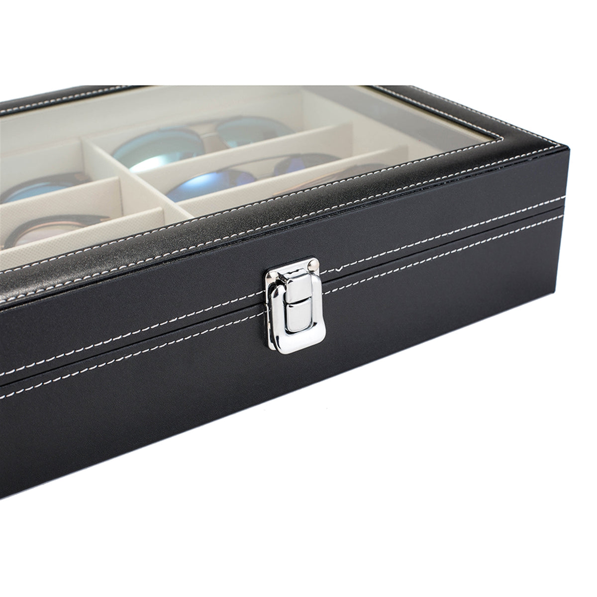 AEELLEEA-Leather Multi Sunglasses Organizer for Women & Men, Eyeglass Display Storage Box with 8 Slots, Black Eyewear Holder for Sunglasses Collection