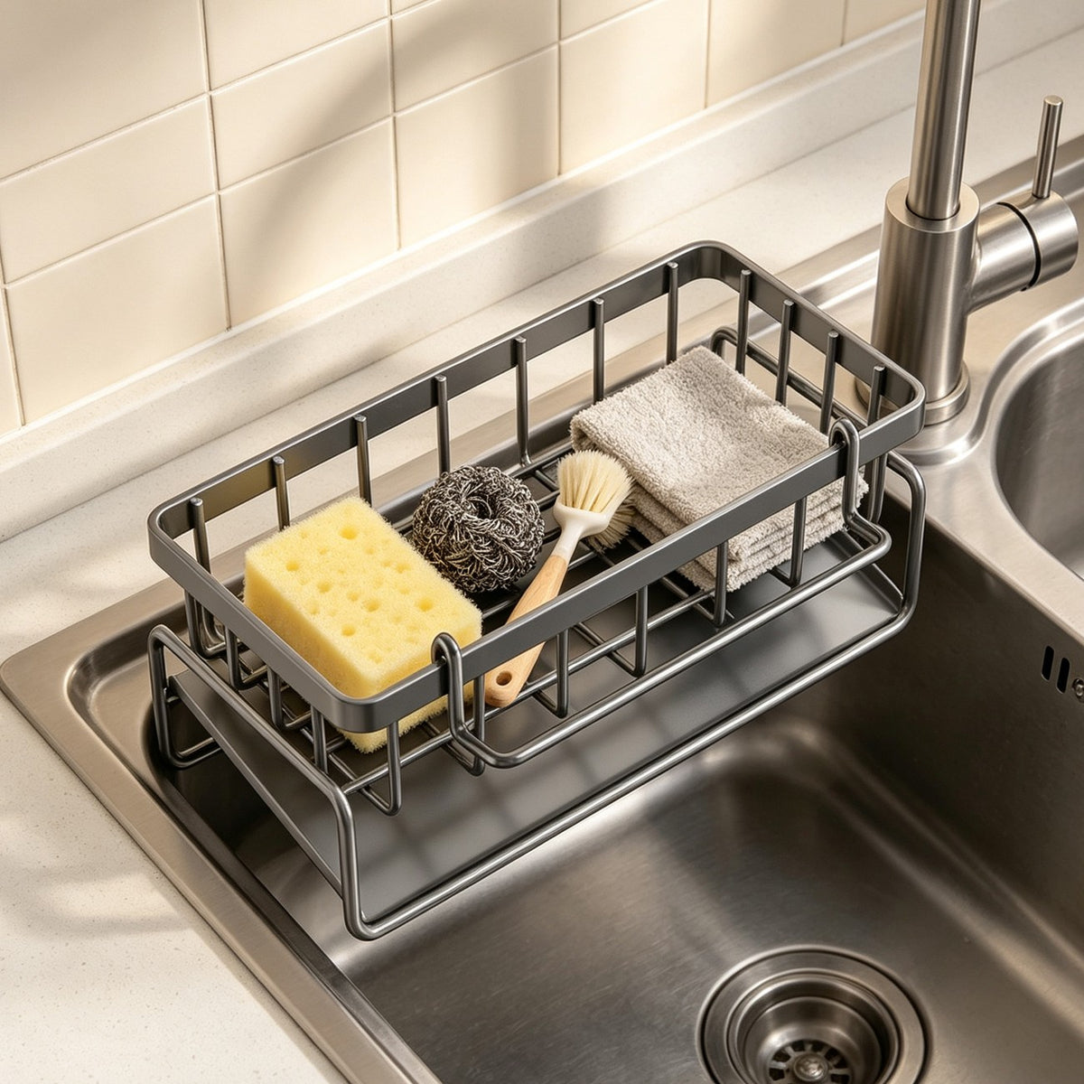 AEELLEEA-Kitchen Sink Caddy Basket Drain Rack, Sponge & Dishcloth Holder Storage Rack