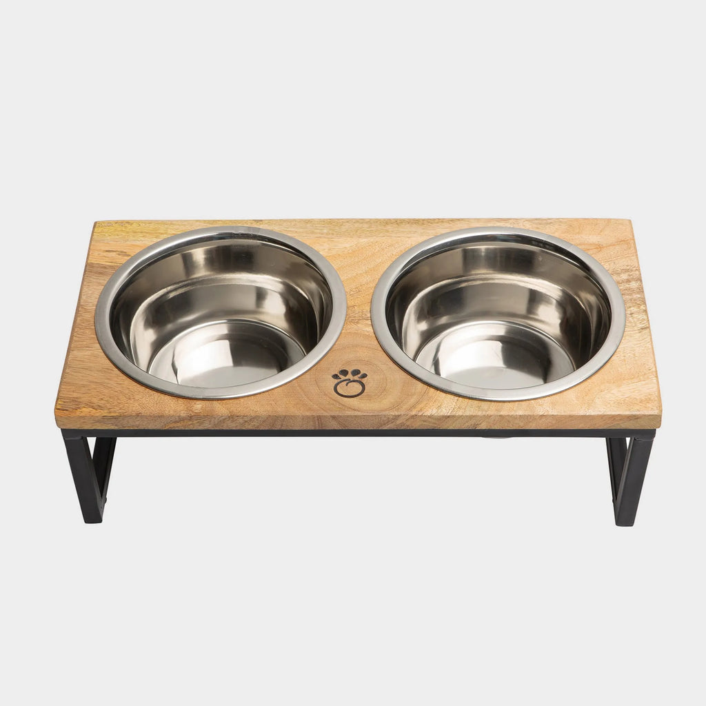 GF Pet Wood & Metal Elevated Pet Feeder, 2 Removable Stainless Steel Bowls, Raised Dog Cat Feeding Station Medium Size