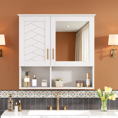 AEELLEEA 30" Bathroom Medicine Cabinet with Mirror, Wall Mounted Storage Cabinet with 2 Doors, Adjustable Shelves and Open Storage, White