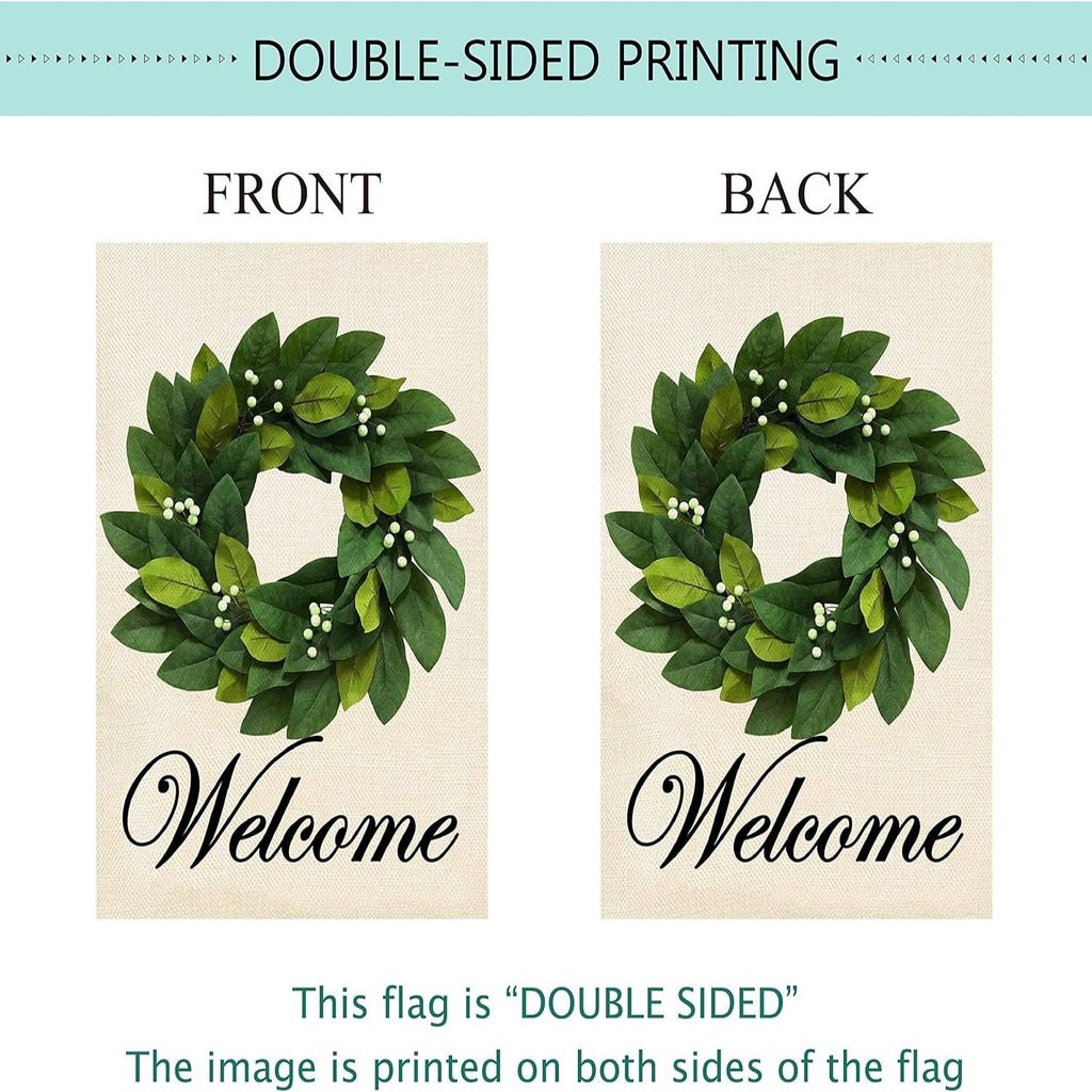 Magnolia Leaves Wreath Welcome Garden Flag, Vertical Double Sided Burlap Small Yard Flag, Farmhouse Spring Summer Seasonal Outdoor Lawn Decor Flag