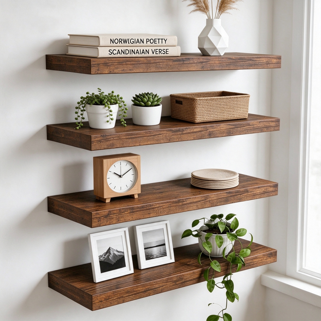 4-Pack 15.8-Inch Floating Wall Shelves, Black Embossed Wood Grain MDF Boards with Iron Brackets for Home Décor and Display