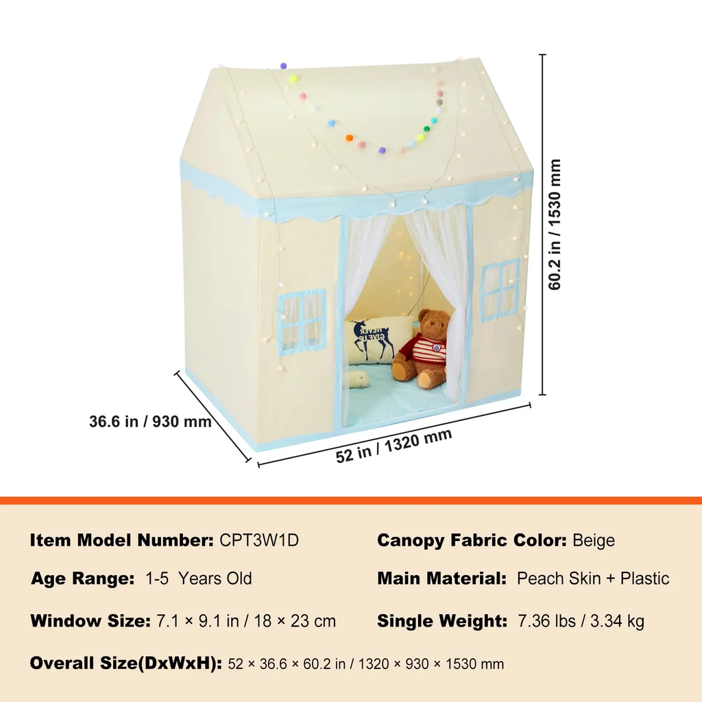 AEELLEEA-Kids Play Castle Tent, Indoor Outdoor Play House Tent with Mat, Window Design, Play Tent for Boys Girls, Beige
